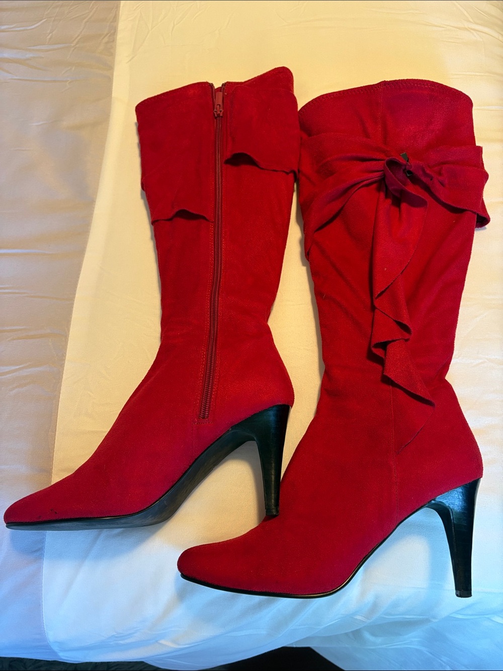 Red Suede Mid-Calf Heeled Boots with Bow Accent